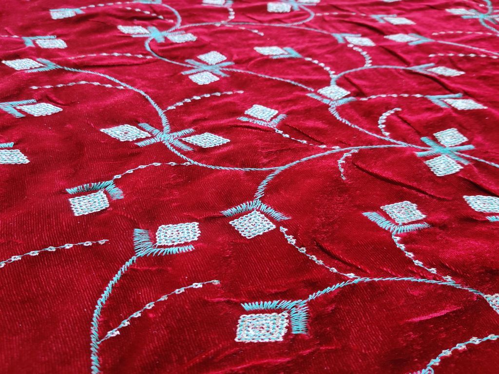 Maroon Sequins Flowers Embroidered Velvet Fabric