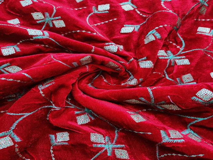 Maroon Sequins Flowers Embroidered Velvet Fabric