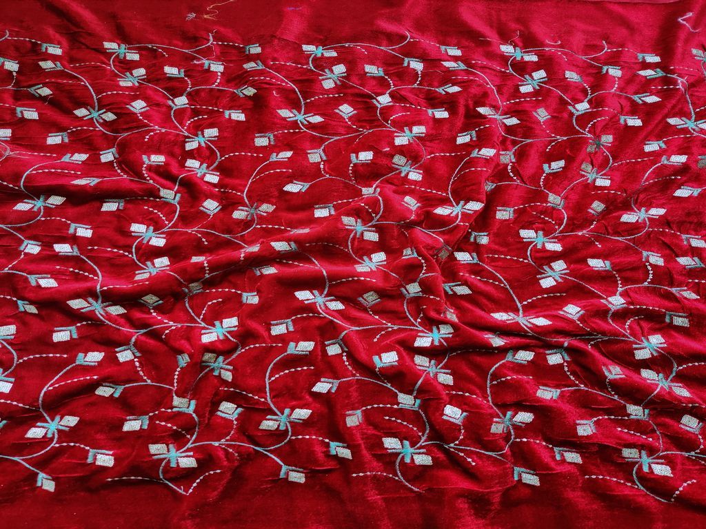 Maroon Sequins Flowers Embroidered Velvet Fabric
