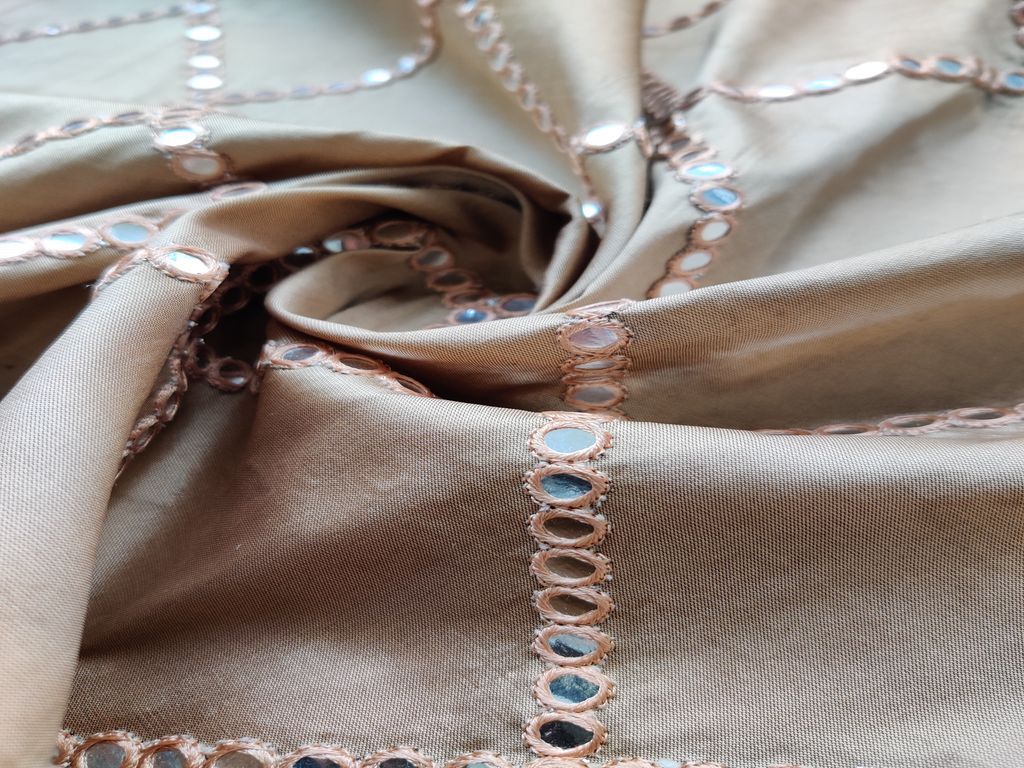 Golden Silver Mirror Work Geometric Embroidered Taffeta Silk Fabric