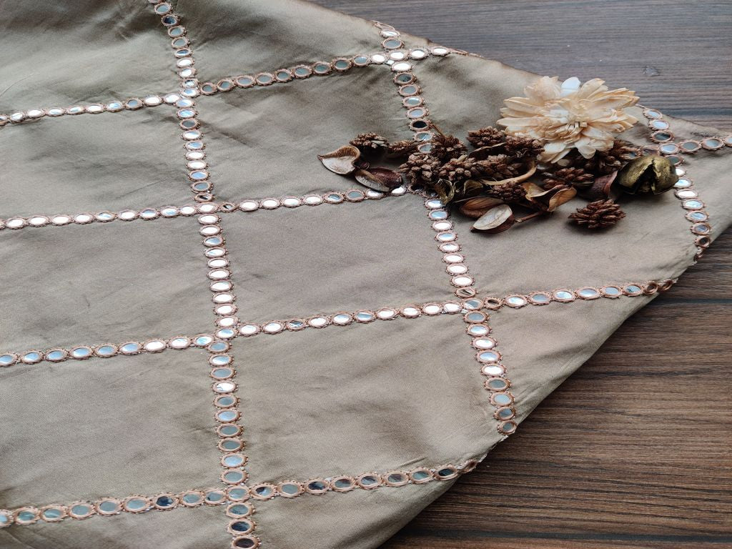 Golden Silver Mirror Work Geometric Embroidered Taffeta Silk Fabric