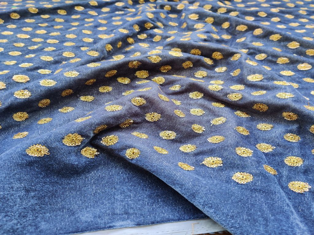 Steel Blue Sequin Floral Embroidered Velvet Fabric