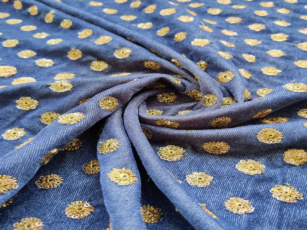 Steel Blue Sequin Floral Embroidered Velvet Fabric