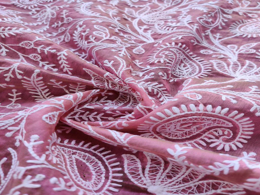 Pink Dual Shade Paisleys Lakhnawi Embroidered Chanderi Fabric