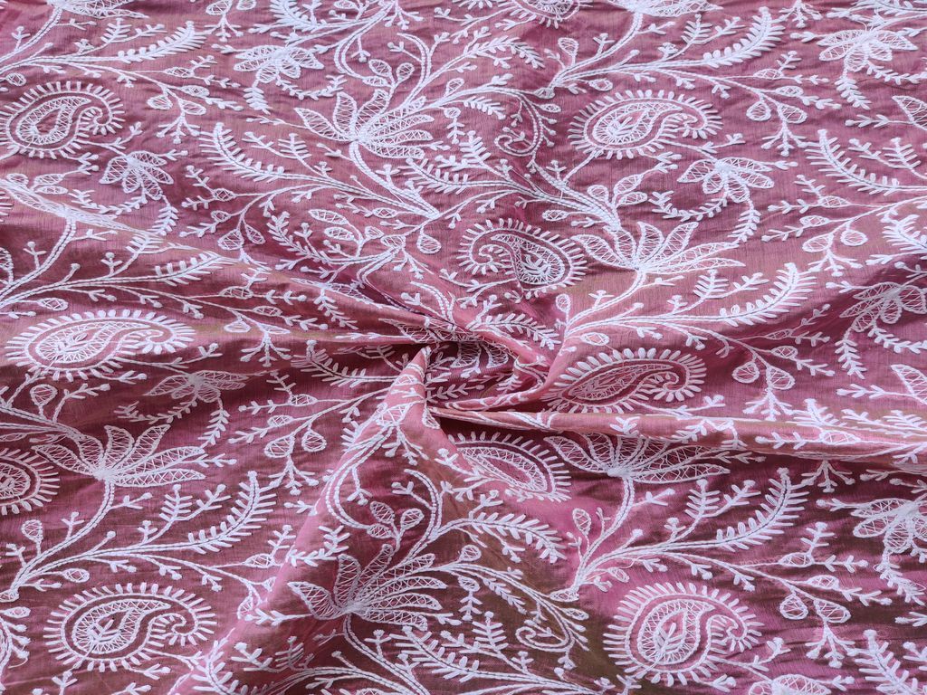 Pink Dual Shade Paisleys Lakhnawi Embroidered Chanderi Fabric