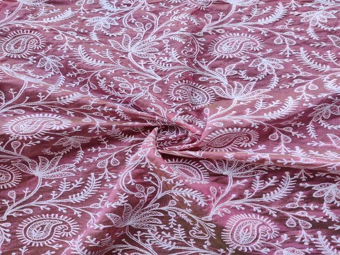 Pink Dual Shade Paisleys Lakhnawi Embroidered Chanderi Fabric