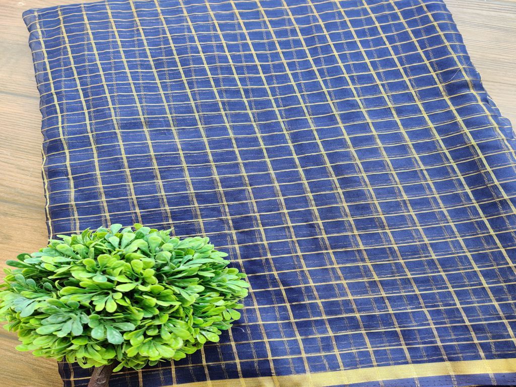 Navy Blue Golden Weaved Checks Organza Fabric