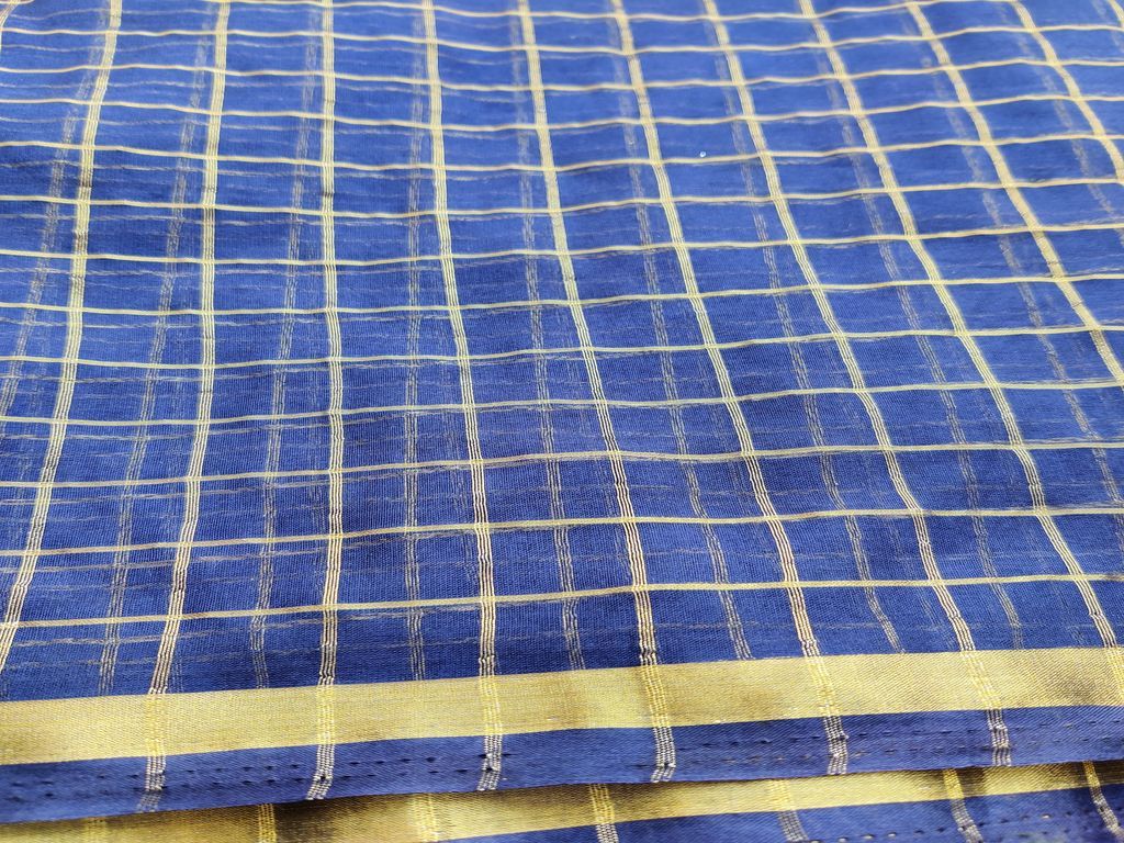 Navy Blue Golden Weaved Checks Organza Fabric