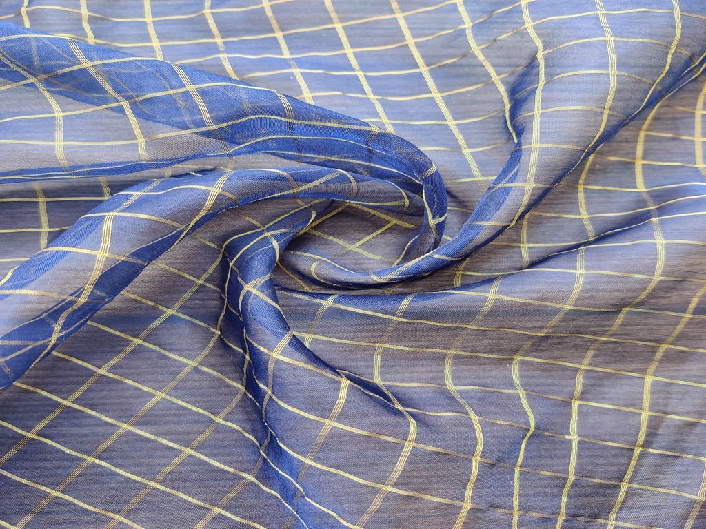 Navy Blue Golden Weaved Checks Organza Fabric
