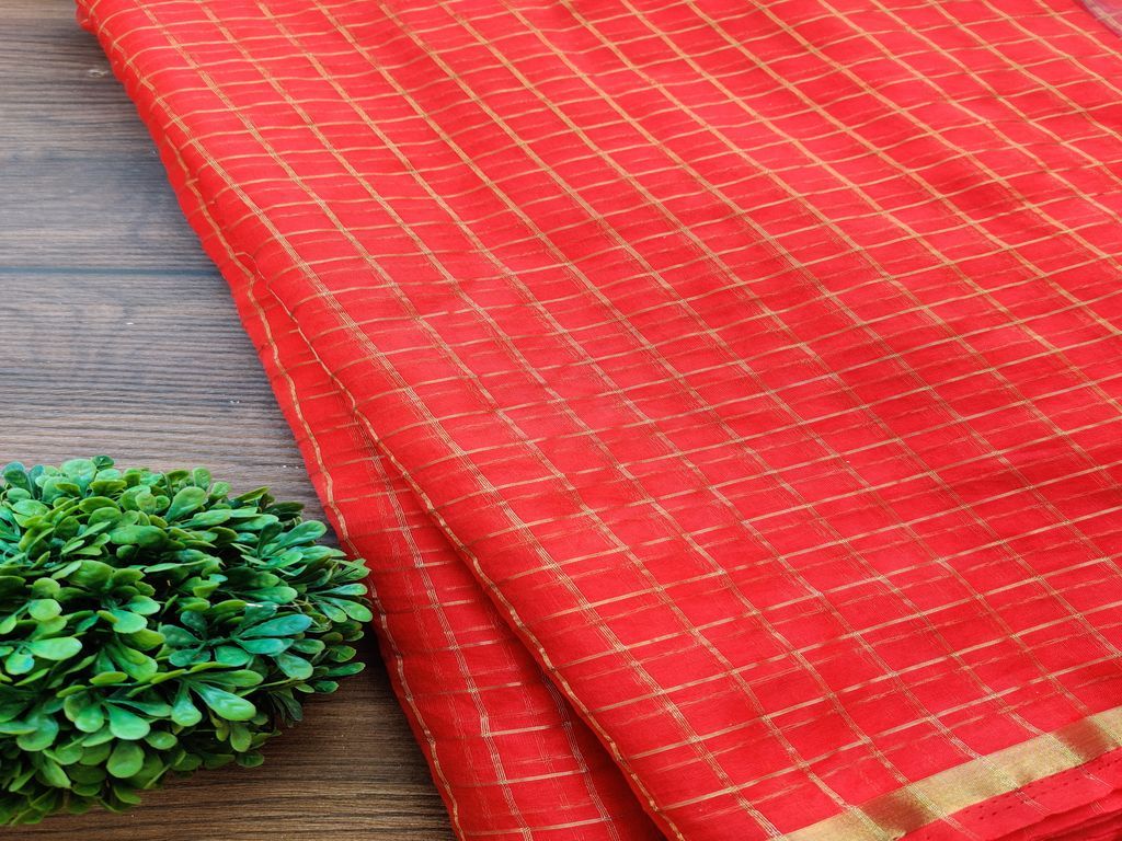 Orange Golden Weaved Checks Organza Fabric