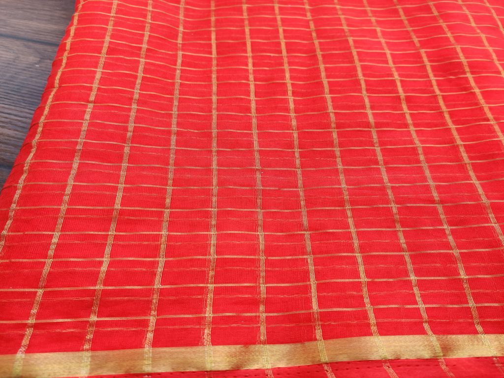 Orange Golden Weaved Checks Organza Fabric