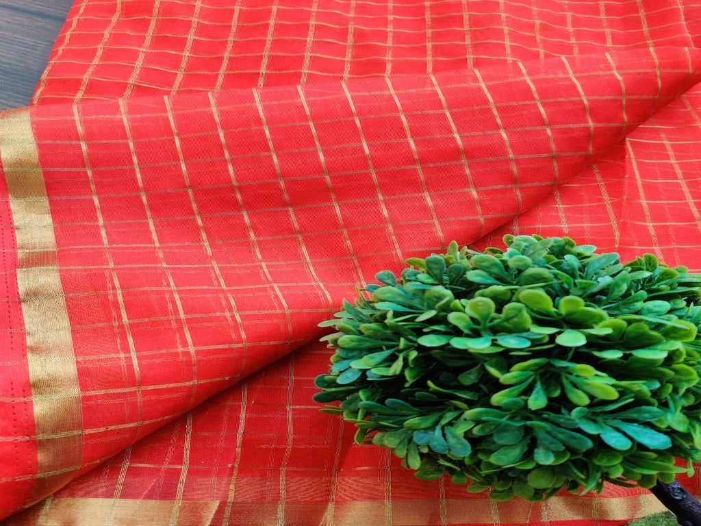 Orange Golden Weaved Checks Organza Fabric