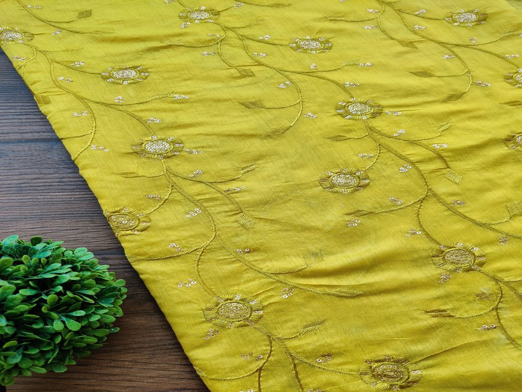 Lime Green Golden Sequins Flowers Embroidered Chanderi Fabric