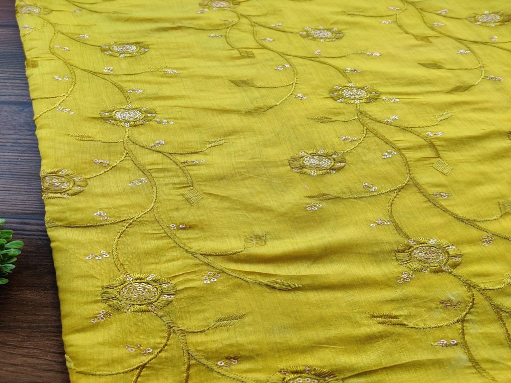 Lime Green Golden Sequins Flowers Embroidered Chanderi Fabric