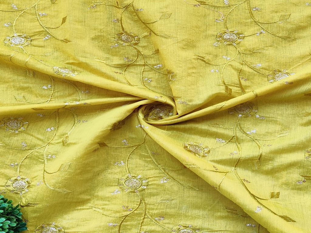 Lime Green Golden Sequins Flowers Embroidered Chanderi Fabric