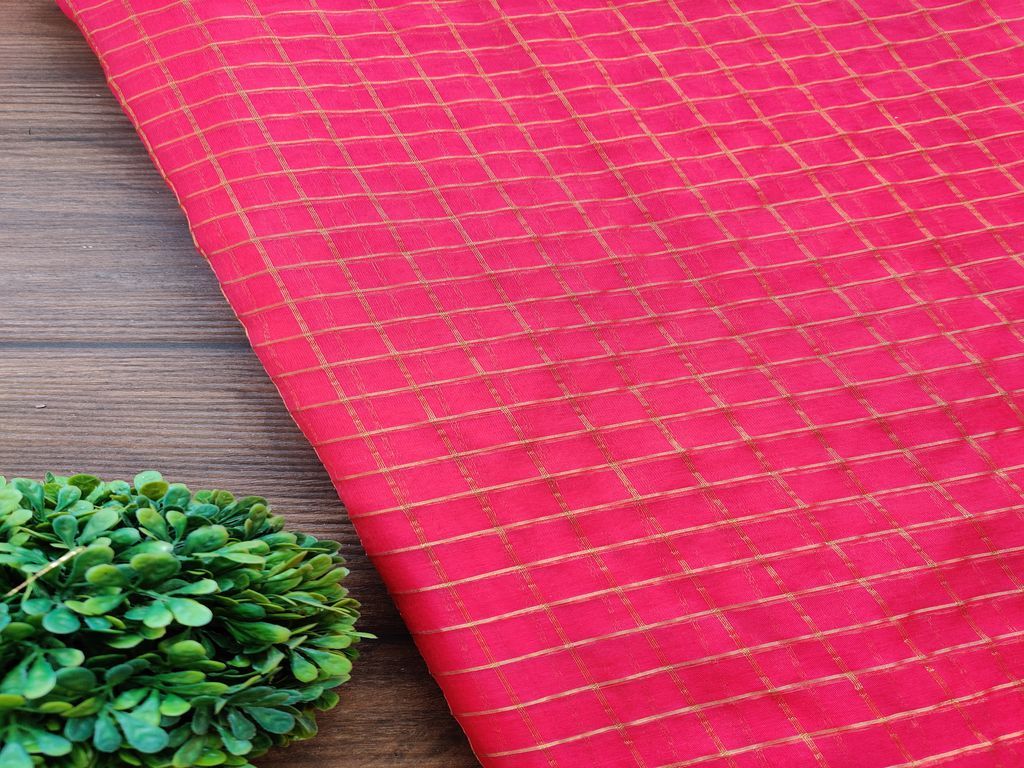 Magenta Pink Golden Weaved Checks Organza Fabric