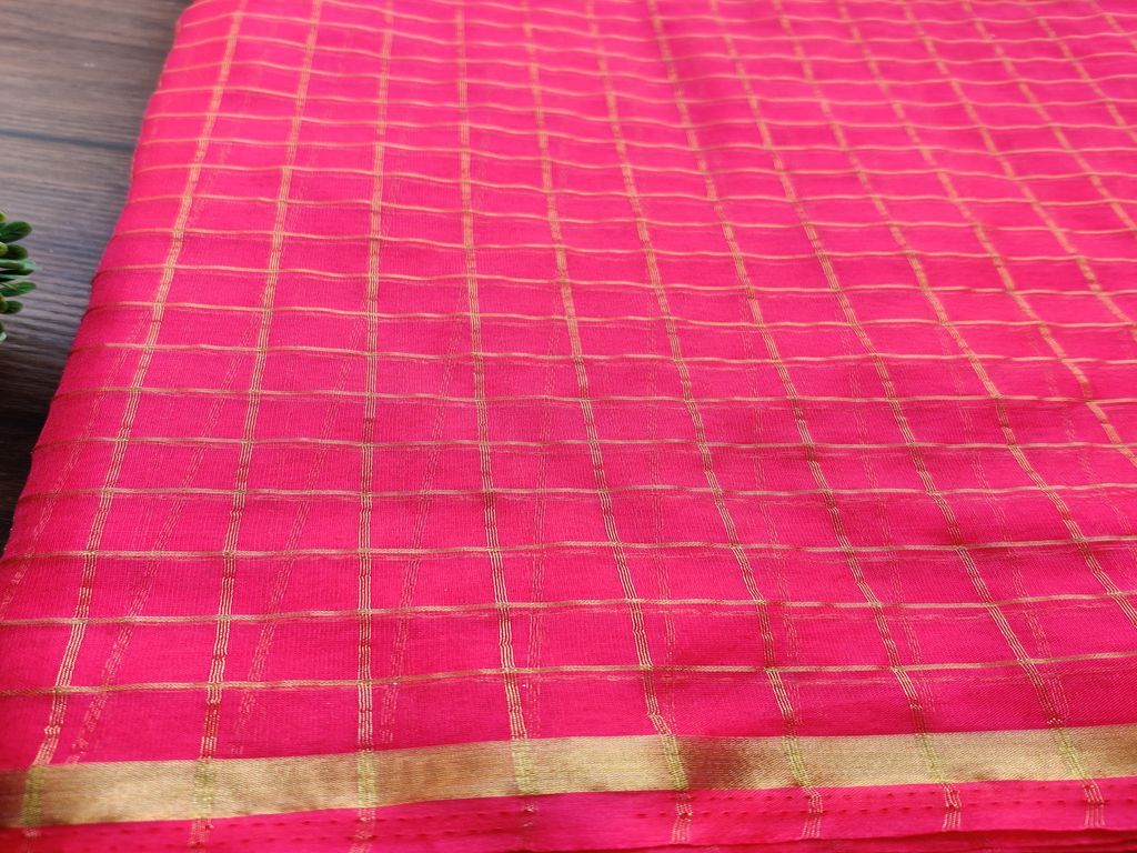 Magenta Pink Golden Weaved Checks Organza Fabric