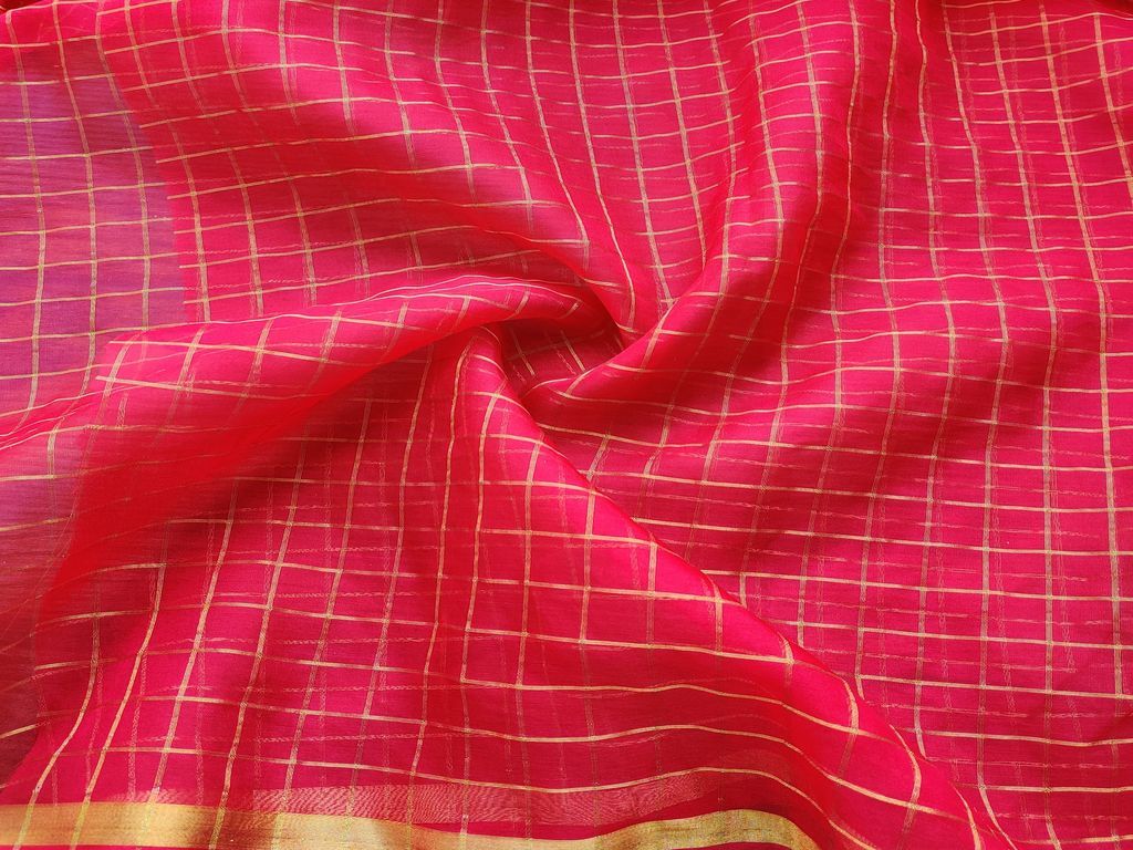 Magenta Pink Golden Weaved Checks Organza Fabric