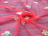 Red Mirror Work Floral Motifs Embroidered Net Fabric