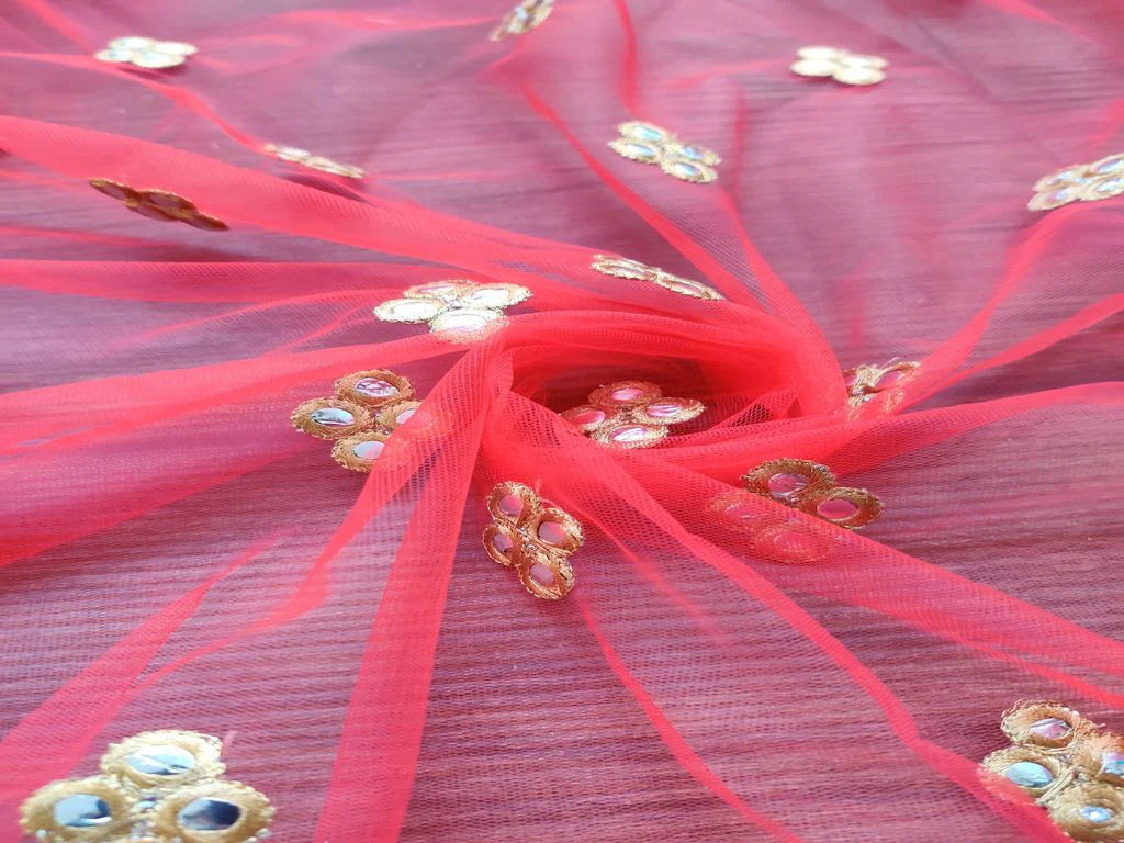 Red Mirror Work Floral Motifs Embroidered Net Fabric