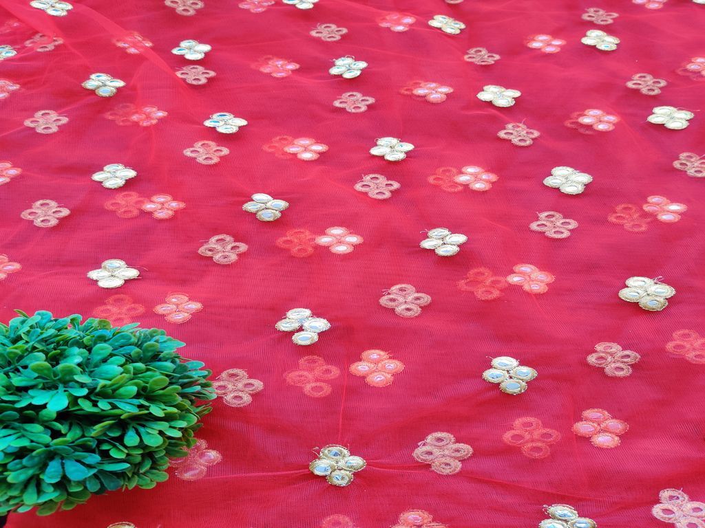 Red Mirror Work Floral Motifs Embroidered Net Fabric