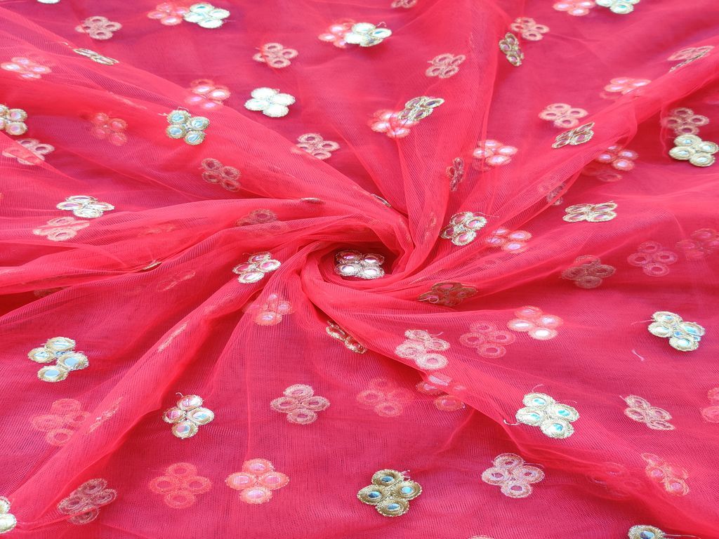 Red Mirror Work Floral Motifs Embroidered Net Fabric