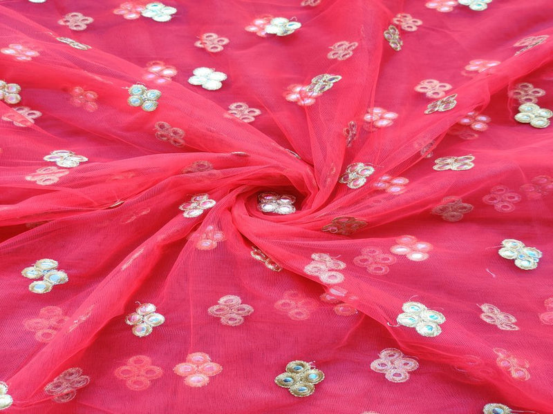 Red Mirror Work Floral Motifs Embroidered Net Fabric
