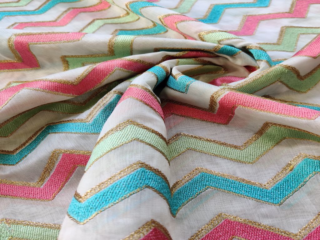 Multicolour Thread and Sequins Chevron Embroidered Chanderi Silk Fabric