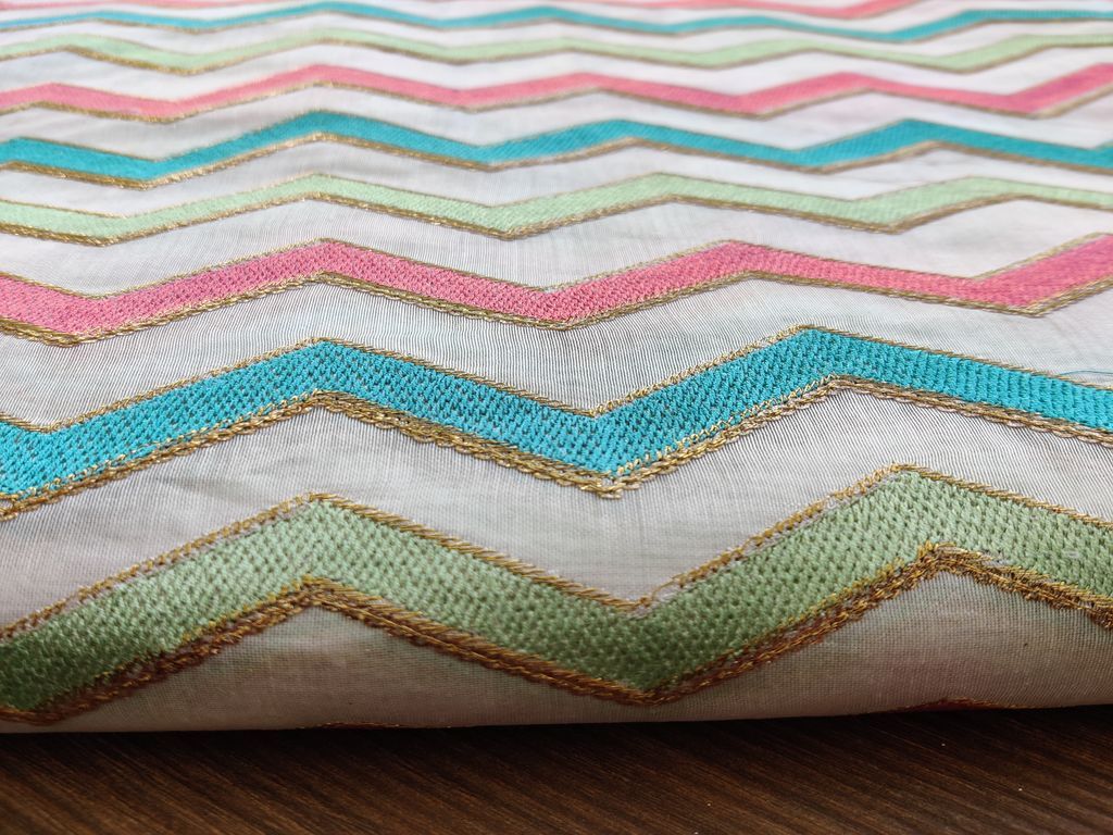 Multicolour Thread and Sequins Chevron Embroidered Chanderi Silk Fabric