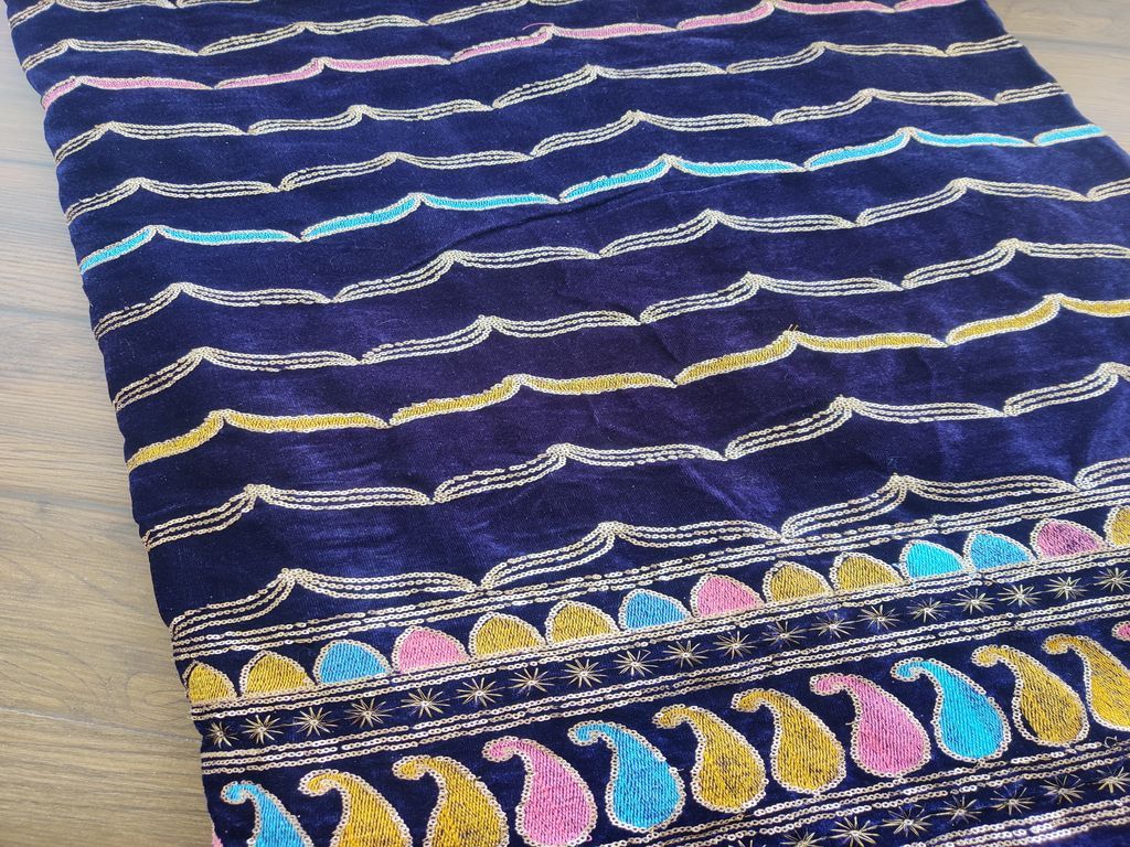 Blue Multicolour Thread Work Abstract Embroidered Velvet Fabric