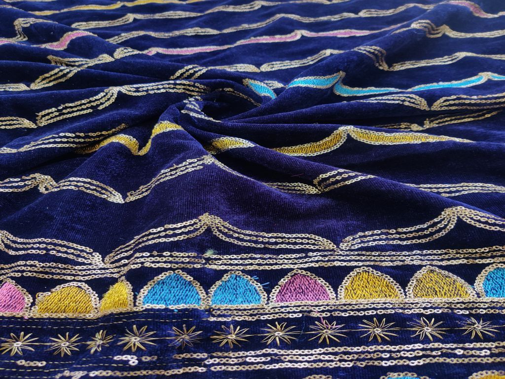 Blue Multicolour Thread Work Abstract Embroidered Velvet Fabric