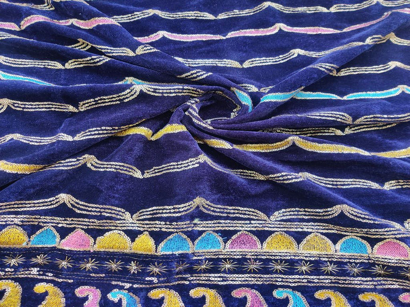 Blue Multicolour Thread Work Abstract Embroidered Velvet Fabric
