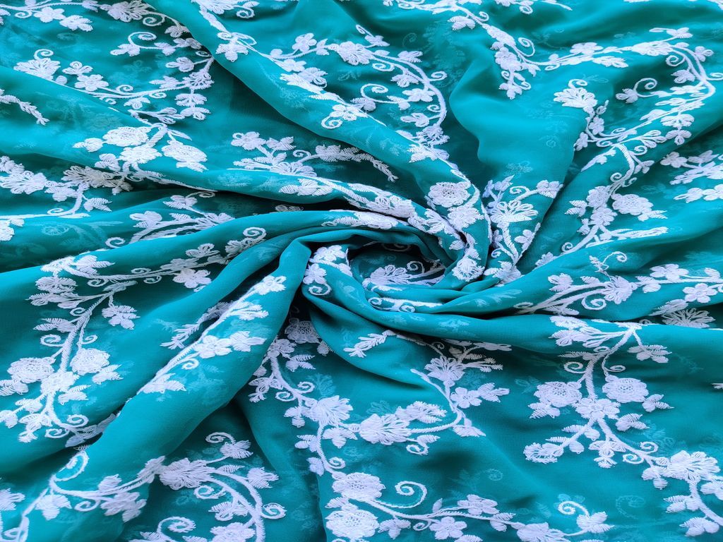 Turqoiuse Green White Flowers Chikankari Embroidered Georgette Fabric