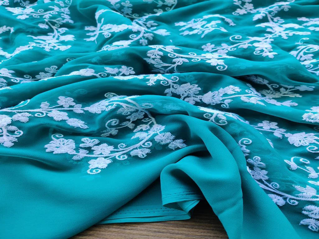 Turqoiuse Green White Flowers Chikankari Embroidered Georgette Fabric