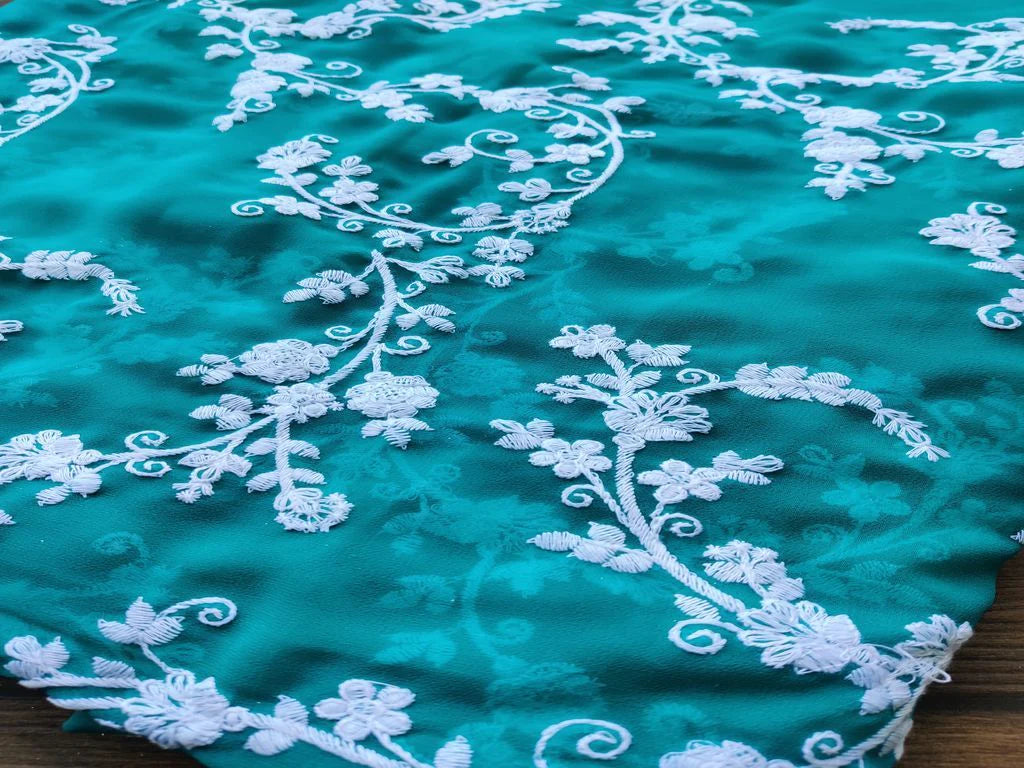 Turqoiuse Green White Flowers Chikankari Embroidered Georgette Fabric