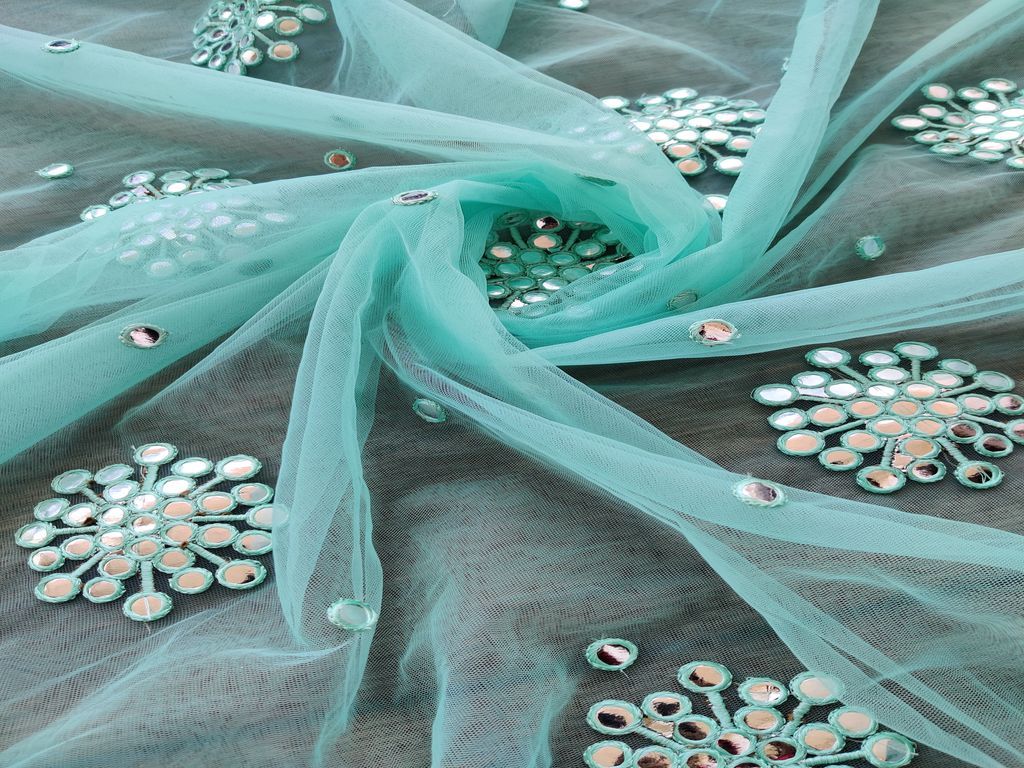 Turquoise Blue Floral Motifs Mirror Work Embroidered Net Fabric