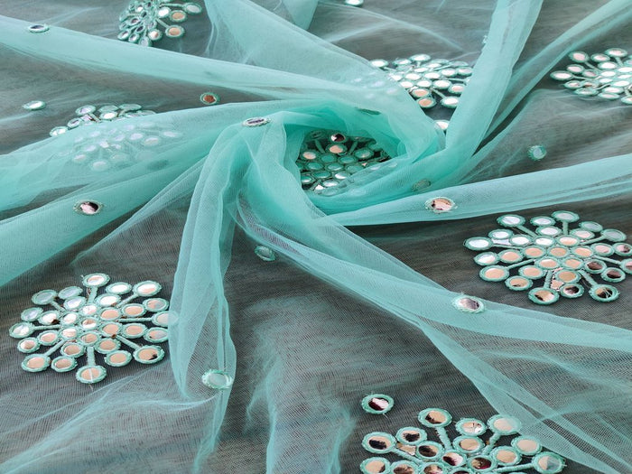 Turquoise Blue Floral Motifs Mirror Work Embroidered Net Fabric
