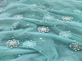Turquoise Blue Floral Motifs Mirror Work Embroidered Net Fabric