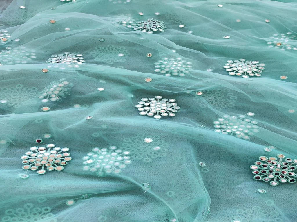 Turquoise Blue Floral Motifs Mirror Work Embroidered Net Fabric