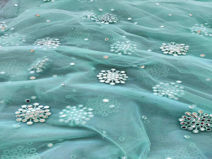 Turquoise Blue Floral Motifs Mirror Work Embroidered Net Fabric