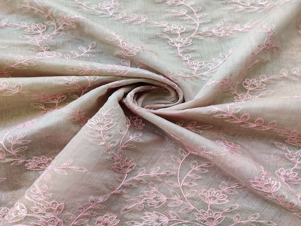 Beige Pink Flowers Sequins and Thread Work Embroidered Chanderi Fabric