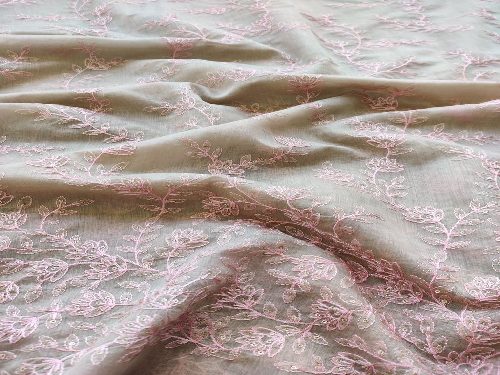 Beige Pink Flowers Sequins and Thread Work Embroidered Chanderi Fabric