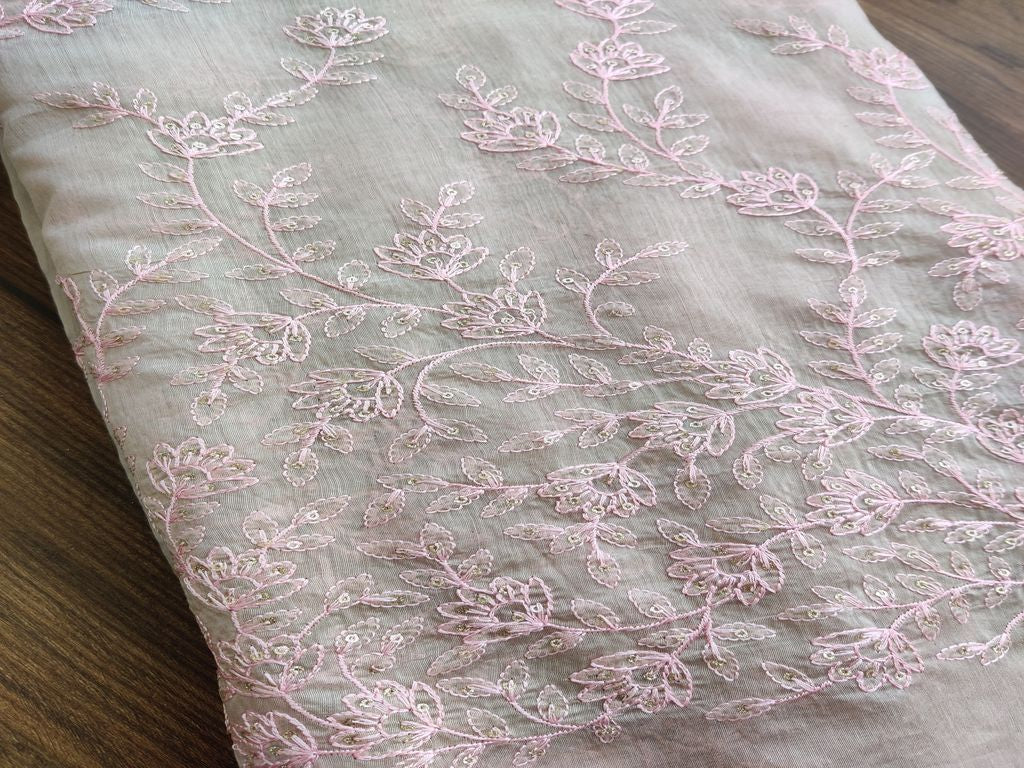 Beige Pink Flowers Sequins and Thread Work Embroidered Chanderi Fabric