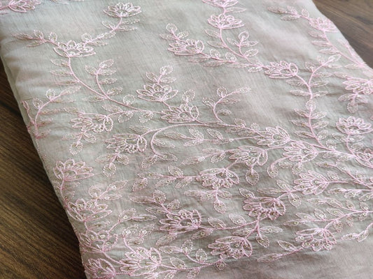 Beige Pink Flowers Sequins and Thread Work Embroidered Chanderi Fabric