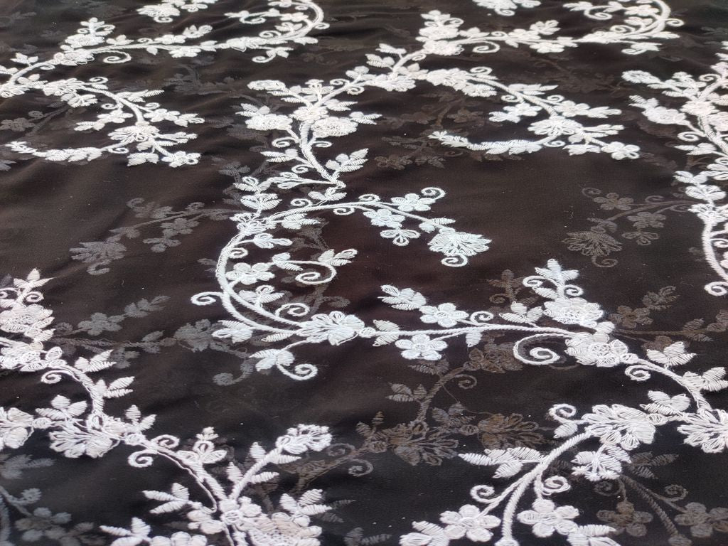 Black White Flowers Chikankari Embroidered Georgette Fabric