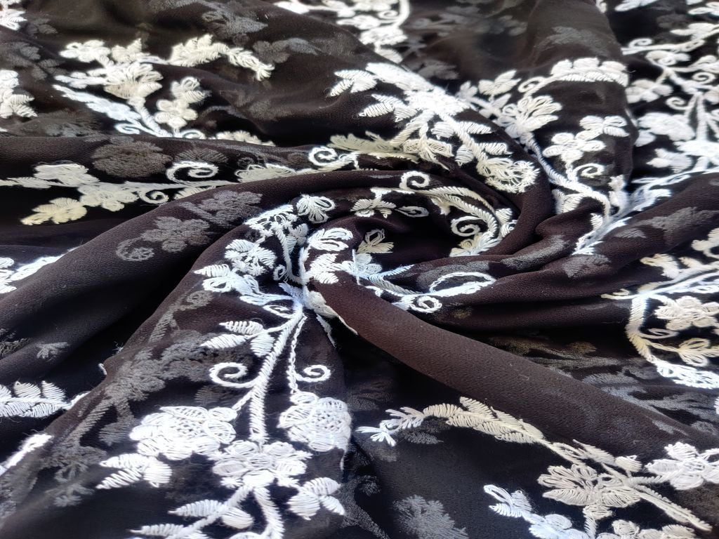 Black White Flowers Chikankari Embroidered Georgette Fabric