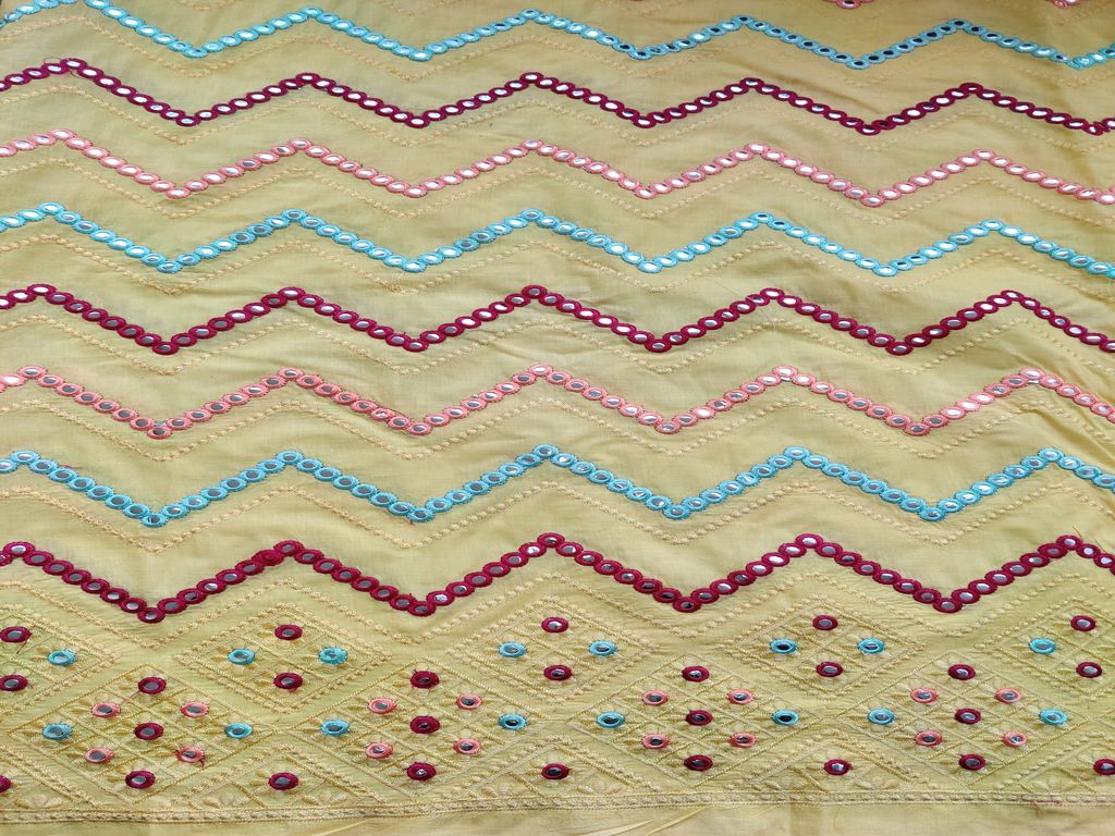 Yellow Multicolour Thread and Mirror Work Chevron Embroidered Cotton Fabric