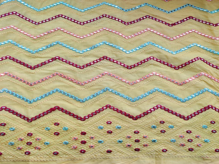 Yellow Multicolour Thread and Mirror Work Chevron Embroidered Cotton Fabric