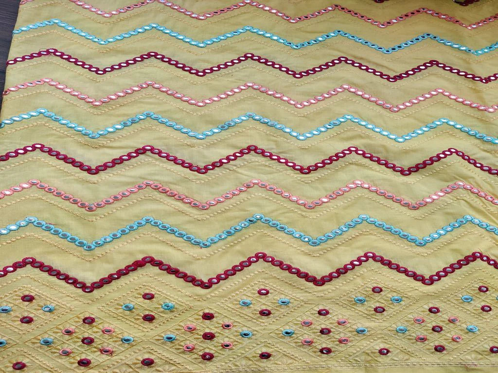 Yellow Multicolour Thread and Mirror Work Chevron Embroidered Cotton Fabric