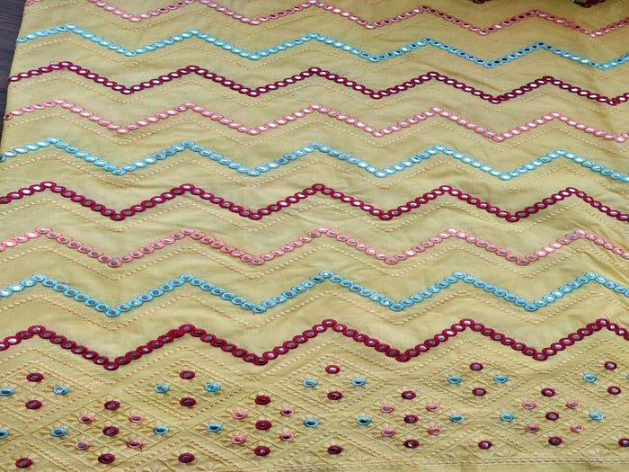 Yellow Multicolour Thread and Mirror Work Chevron Embroidered Cotton Fabric